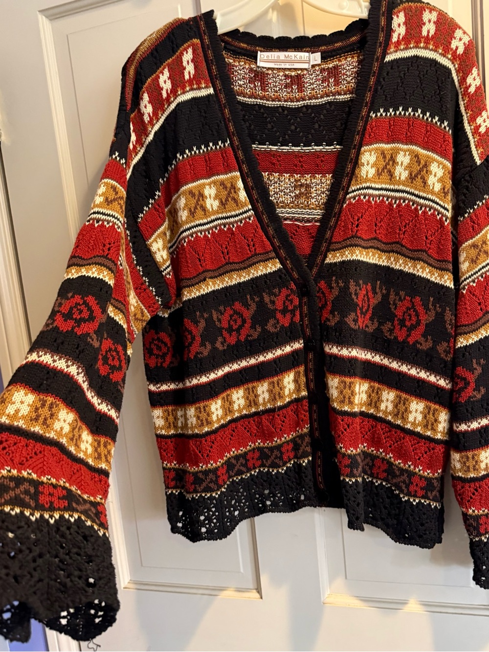 Vintage Delia McCain Multi-Colored Striped V‑Neck Knit Cardigan with Lace Trim
